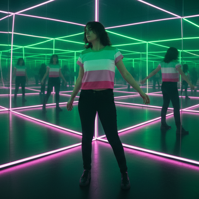 Model wearing an abrosexual pride striped cropped T-shirt in a neon mirrored room