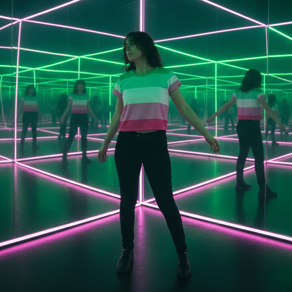 Model wearing an abrosexual pride striped cropped T-shirt in a neon mirrored room