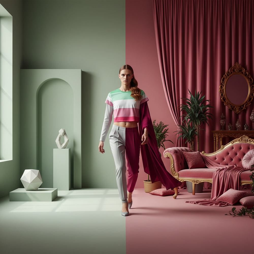 Model wearing a striped abrosexual pride crop T-shirt in mint, white, pink, and burgundy