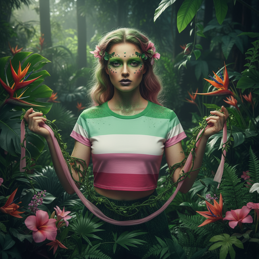 A young woman embodies queer pride wearing the Abrosexual All-Over Crop T-Shirt in a vibrant forest, showcasing bold self-expression with pastel stripes and nature-inspired accents, celebrating empowerment and inclusivity.