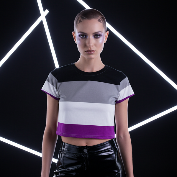 Person wearing the Asexual All-Over Crop T-Shirt, featuring black, gray, white, and purple stripes, styled with glossy black pants, embodying bold, empowering queer pride and self-expression against a neon backdrop.