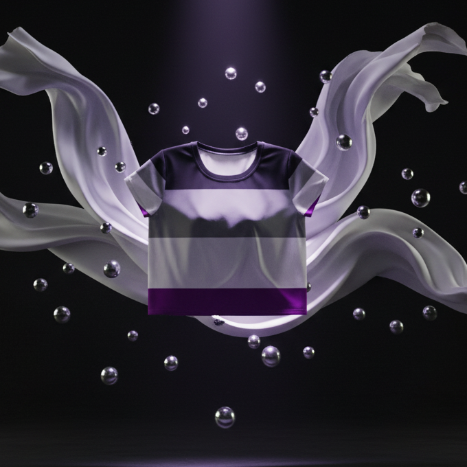 Asexual All-Over Crop T-Shirt featuring asexual-pride flag stripes, floating dynamically, symbolizing empowerment and bold self-expression. Perfect fit with four-way stretch, celebrating queer pride and visibility.