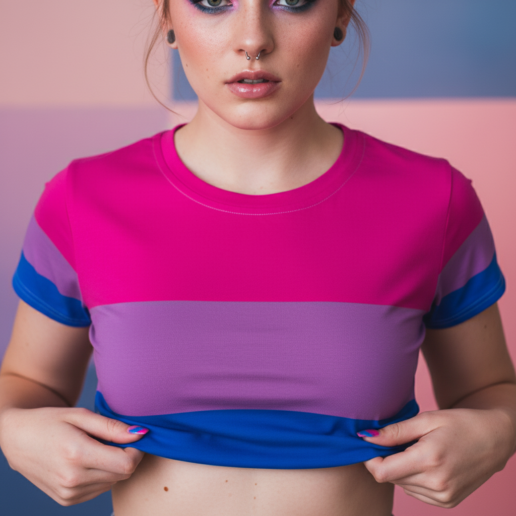 Close-up model lifting a pink, lavender, and blue color-block crop T-shirt hem