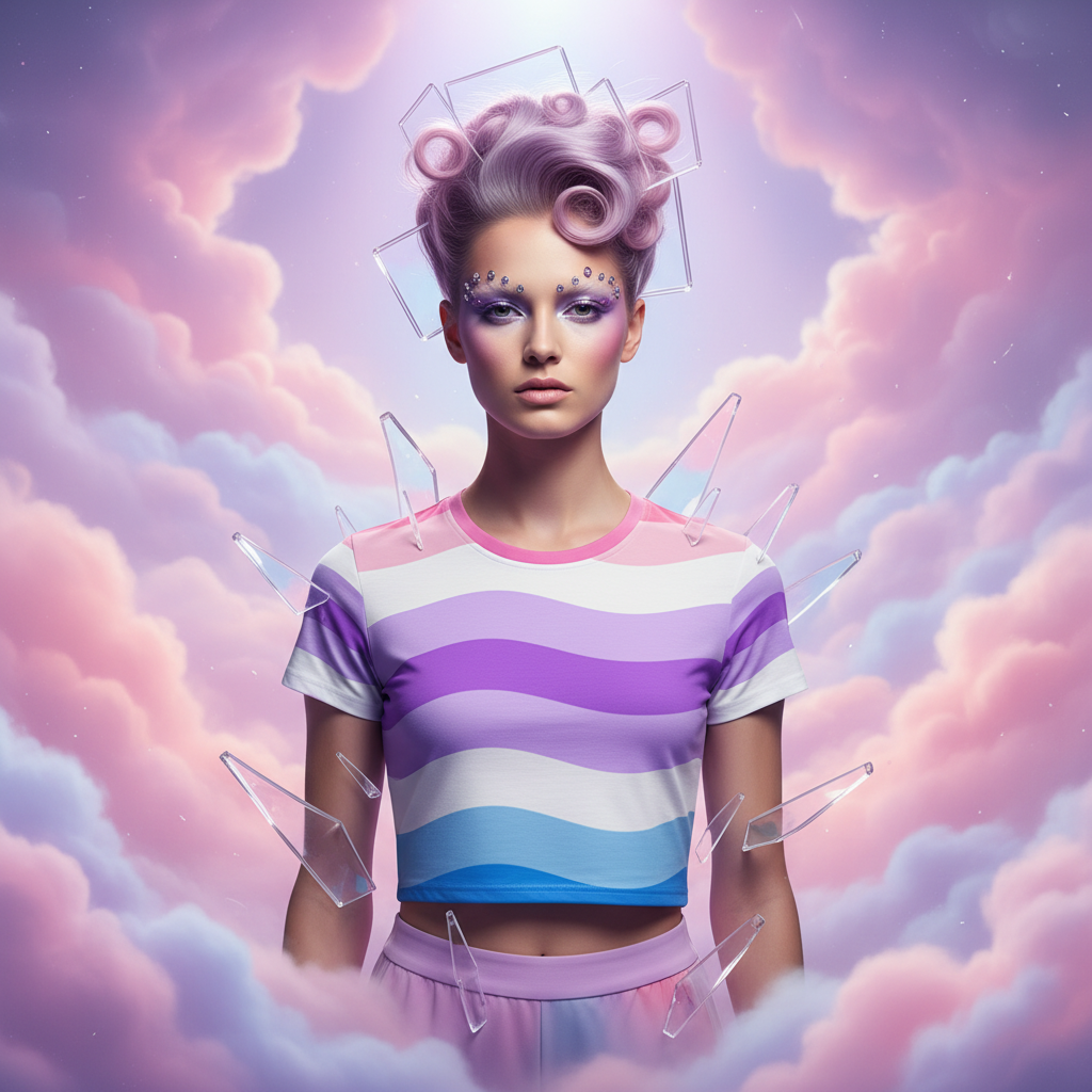 Front-facing model wearing a cropped pink, purple, white, and blue wavy-striped T-shirt