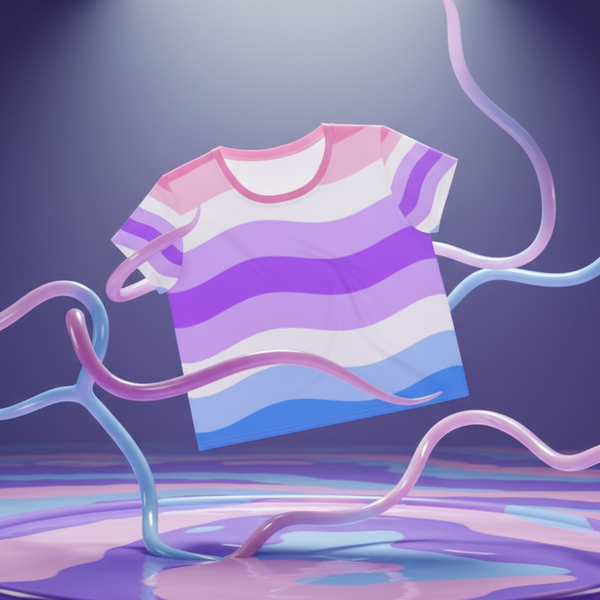 Alternative Genderfluid All-Over Crop T-Shirt suspended in midair, featuring broad pastel stripes. Glossy tendrils float around it, echoing queer pride, empowerment, and self-expression in a stylish, inclusive design.