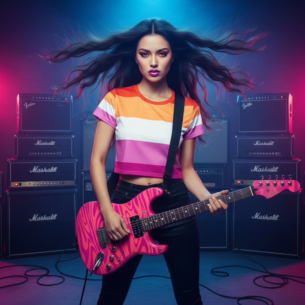 Young woman embodies bold, queer pride in the Lesbian All-Over Crop T-Shirt, showcasing its vibrant, striped design and tight, comfortable fit amidst guitar amps, celebrating self-expression and empowerment.