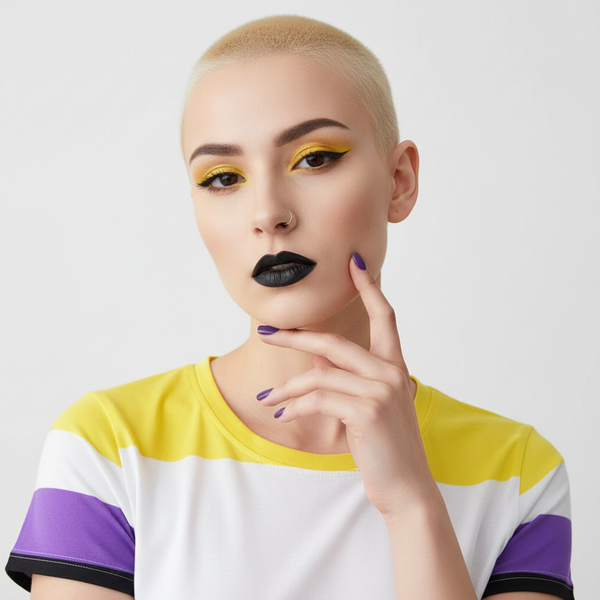 Young person with bold makeup and a buzzed blond cut poses confidently in a Non-Binary All-Over Crop T-Shirt, showcasing its snug fit and vibrant design, embodying proud self-expression and queer empowerment.