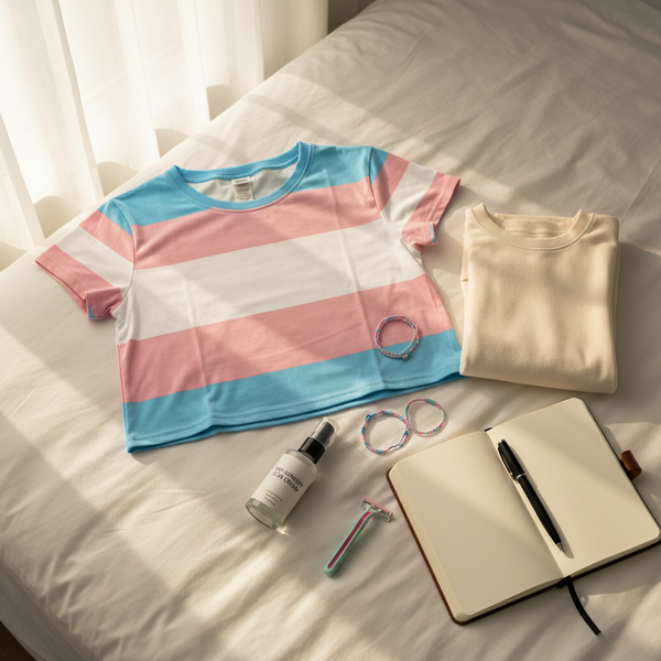 Transgender All-Over Crop T-Shirt with pastel stripes, reflecting bold queer pride, lying alongside a cream sweater, beaded bracelets, and essentials, embodying joyful self-expression and empowerment from Queer In The World.