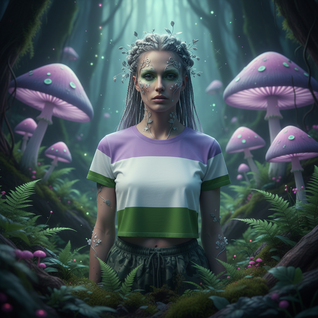 Genderqueer All-Over Crop T-Shirt features lavender, white, and muted green stripes, symbolizing pride. Worn by a fantasy character in a magical woodland scene, it embodies bold self-expression and queer empowerment.