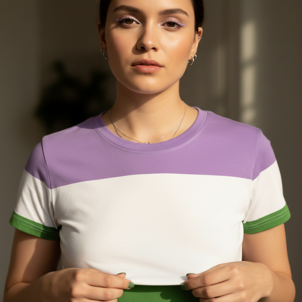 Young woman models the Genderqueer All-Over Crop T-Shirt, featuring a form-fitting design with lavender and white color-blocking. This vibrant, stretchy top promotes queer pride and self-expression with confidence and style.
