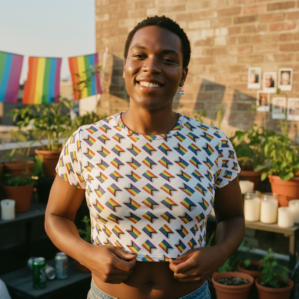 Smiling person outdoors wearing a white cropped T-shirt with repeating rainbow-striped shapes