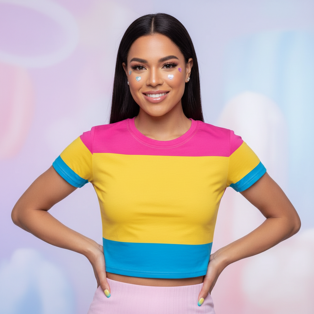 Pansexual crop top with pink, yellow, and blue stripes on a femme-presenting person; star stickers on cheeks, pastel vibes.