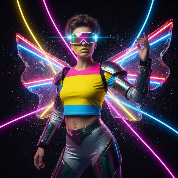 Queer cyber-fairy figure showcases the Pansexual All-Over Crop T-Shirt, featuring bold horizontal stripes and a sleek fit, embodying pride and empowerment with vibrant, glowing wings and futuristic flair.