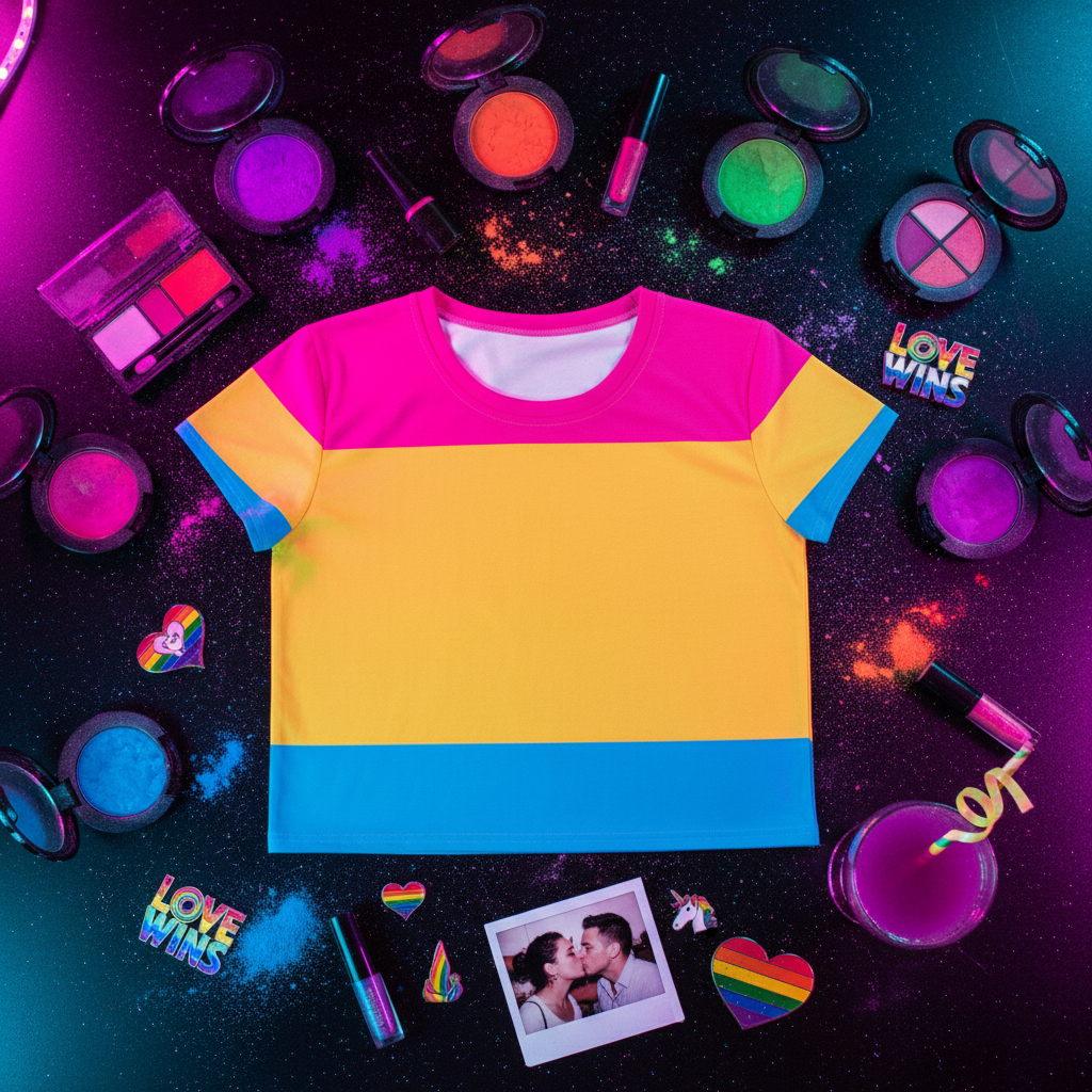 Pansexual All-Over Crop T-Shirt with vibrant pink, yellow, and blue stripes, surrounded by colorful makeup, rainbow pins, and stickers, embodying joyful queer pride and self-expression.