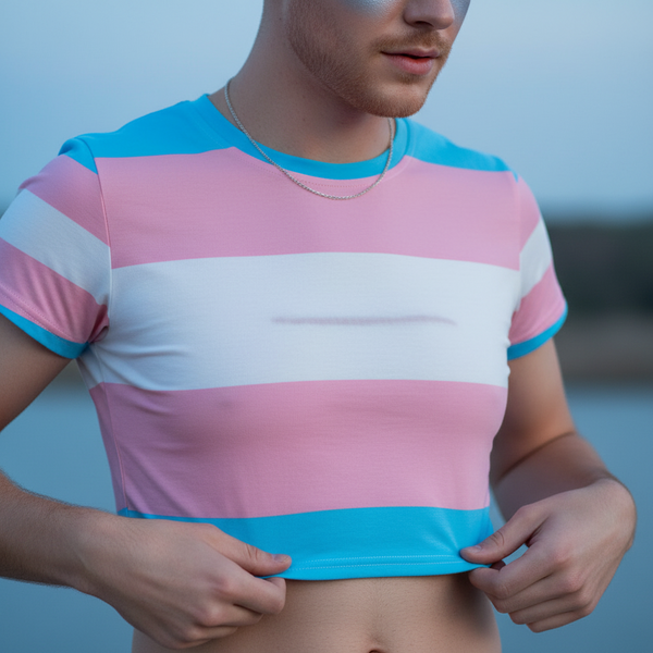 Close-up model wearing a cropped T-shirt with blue, pink, and white stripes