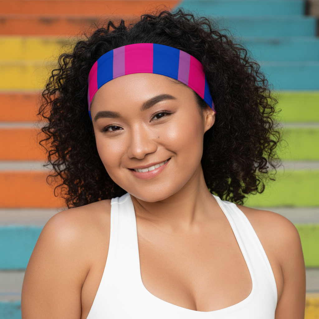 Curly-haired woman beams in a Bisexual Pride headband—bold pink, purple, and blue stripes—radiating pride by rainbow stairs.