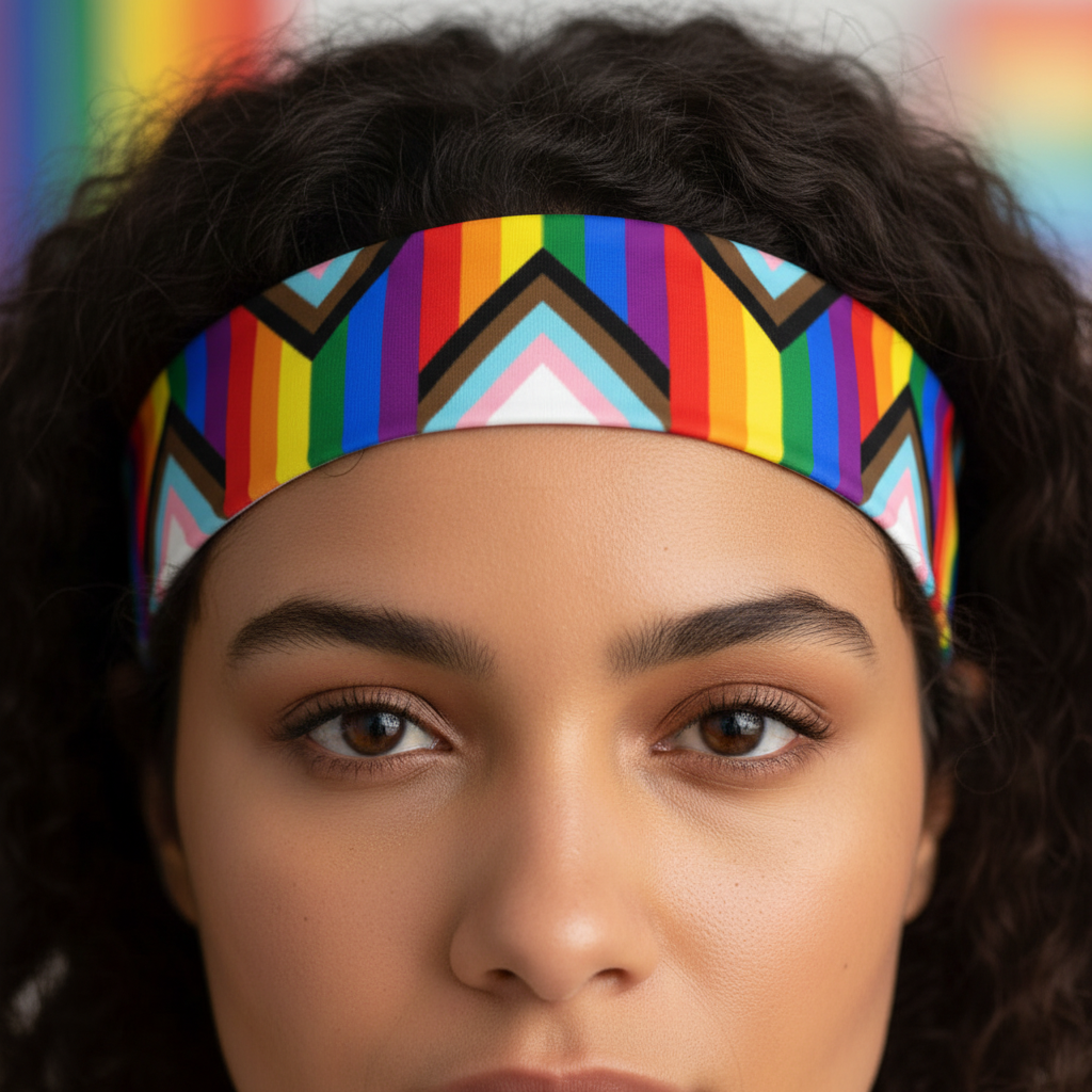LGBT Pride Headband with Progress Pride chevron on fabric, worn by person with curly dark hair; rainbow blur background.