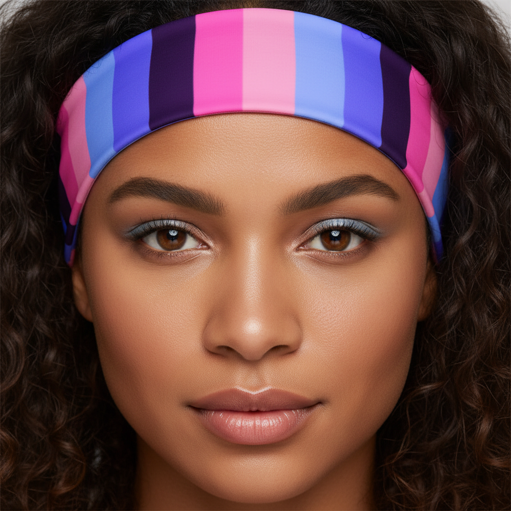 Omnisexual Pride Headband in pink, purple, and blue on a curly-haired woman with pastel blue eyeshadow, posing confidently.