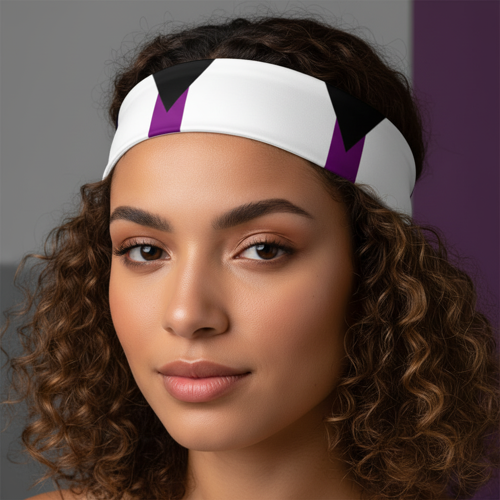Demisexual Pride Headband with black and purple arrow shapes, worn by a curly-haired woman; gray and purple backdrop.