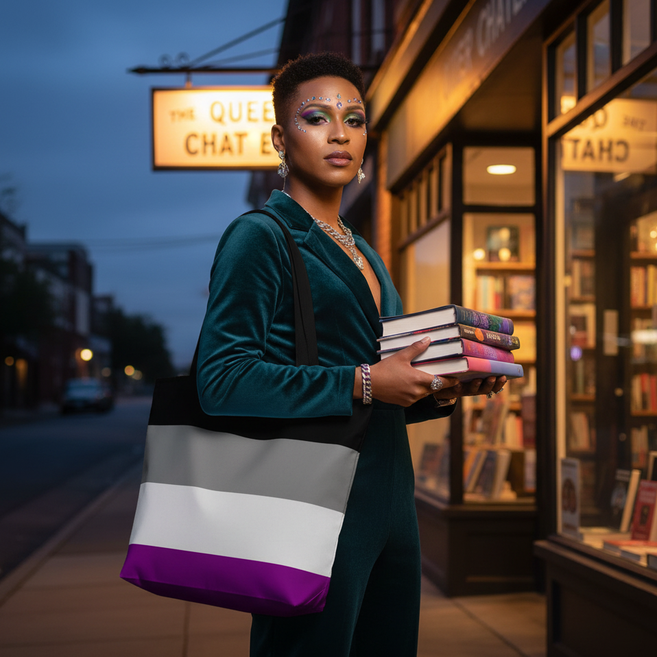 A person confidently showcases the Asexual Pride Extra Large Tote Bag, featuring black, gray, white, and purple stripes, while holding books outside The Queer Chat Bookstore in a stylish teal velvet outfit.