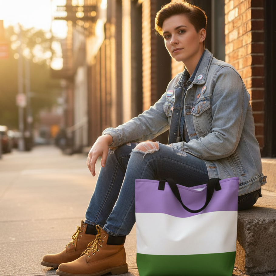 Genderqueer Extra Large Tote Bag, featuring prideful lavender, white, and green stripes, rests beside a casually dressed young adult on an urban stoop, embodying bold, inclusive self-expression and empowerment.