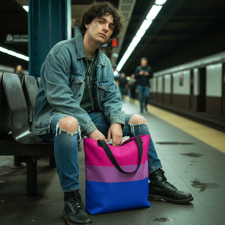 Pink, lavender, and blue striped tote bag resting between a seated person's legs on a subway platform