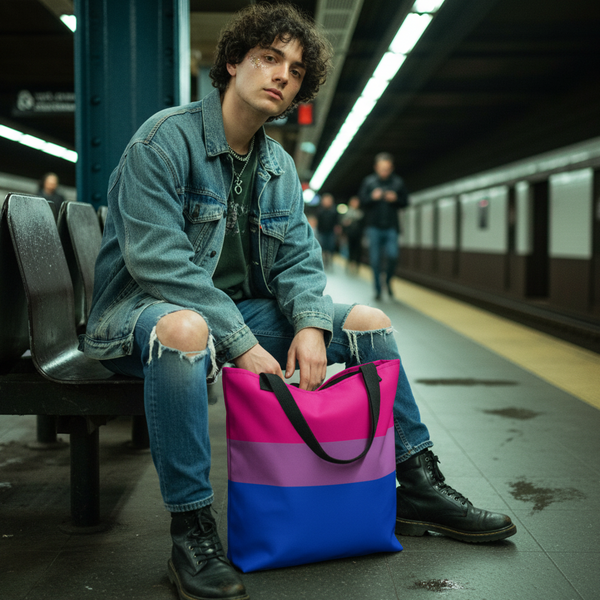 Pink, lavender, and blue striped tote bag resting between a seated person's legs on a subway platform