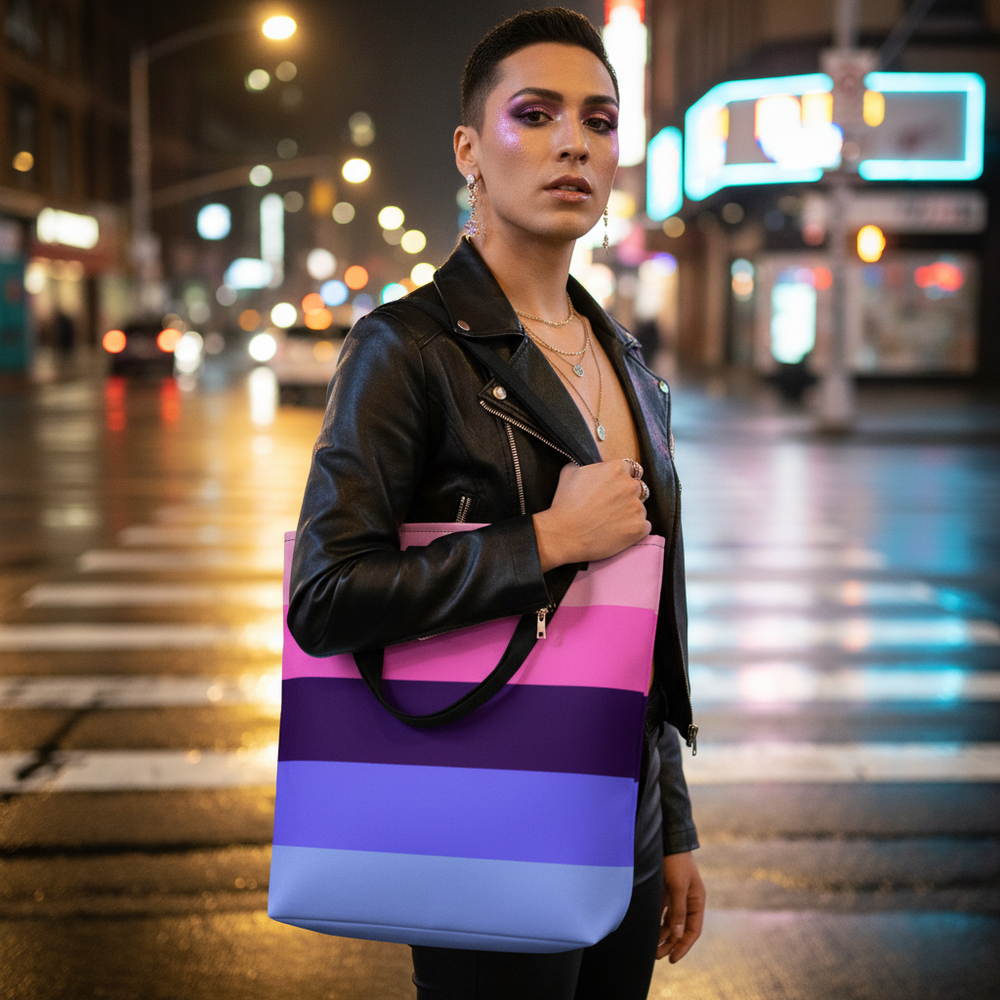Person in a black leather jacket holding a large pink, purple, and blue striped tote bag