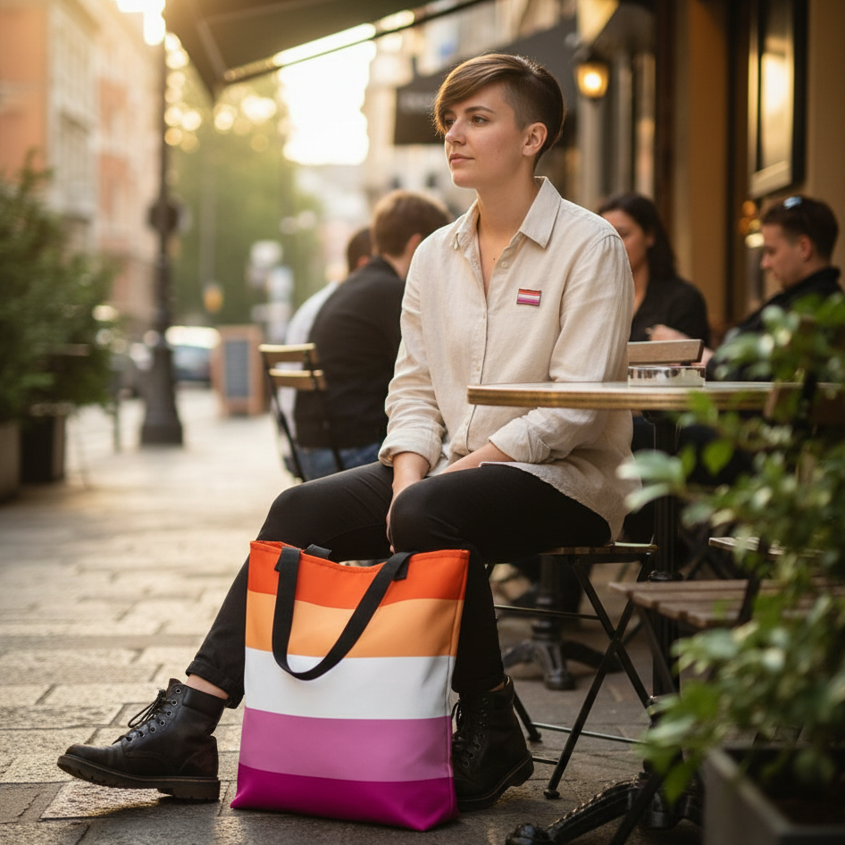 A young person sits at an outdoor café with a Lesbian Pride Extra Large Tote Bag, featuring bold stripes, embodying vibrant LGBTQIA+ pride and self-expression, perfect for carrying essentials with confidence.