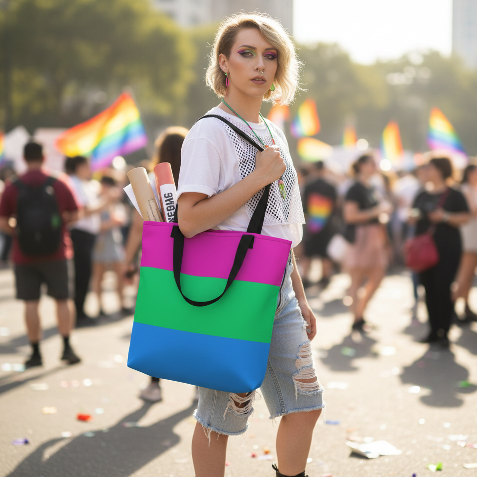 Person proudly holds a Polysexual Pride Extra Large Tote Bag in a vibrant parade, showcasing its size and colorful polysexual stripes. Perfect for empowering, stylish visibility at pride events and daily adventures.