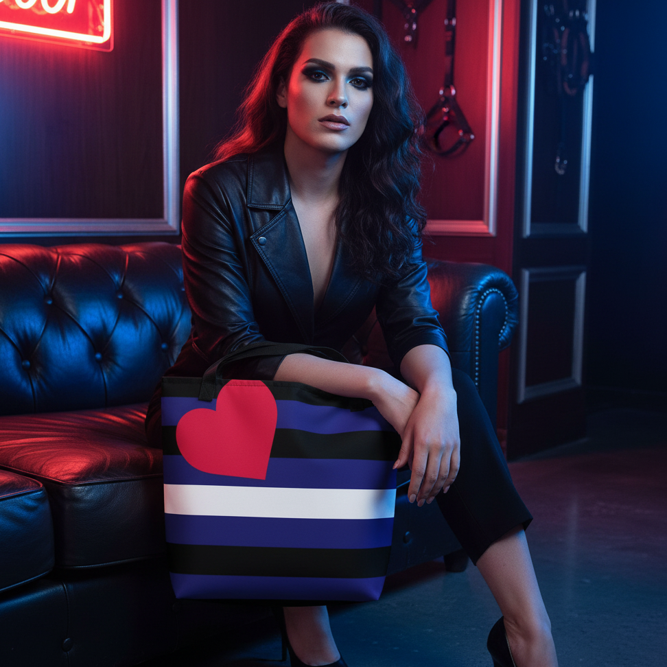 Black, blue, and white striped tote bag with a large red heart beside a seated person in a leather jacket