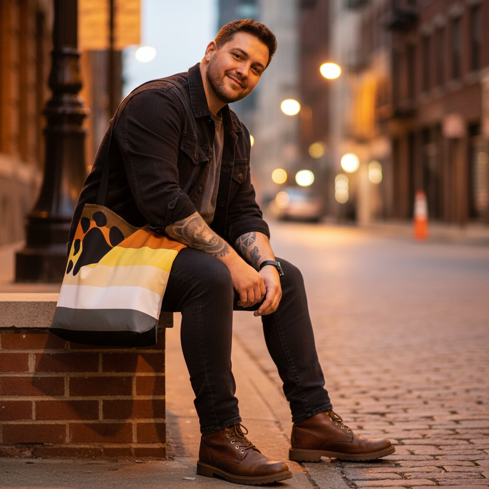 A casually dressed man sits on a brick ledge with a Gay Bear Pride Extra Large Tote Bag, showcasing vibrant stripes. The scene captures a blend of urban style and prideful self-expression.