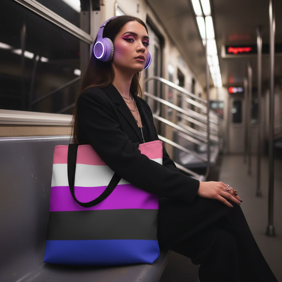 Genderfluid Extra Large Tote Bag on lap, showcasing vibrant stripes of the genderfluid Pride flag. The person wearing bold pink makeup embodies empowerment and queer visibility, seated in a subway car.