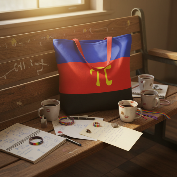 Polyamory Pride Extra Large Tote Bag with vibrant stripes and a yellow π symbol, rests on a wooden bench amid notebooks, coffee mugs, and rainbow bracelets, capturing a lively, creative LGBTQIA+ vibe.