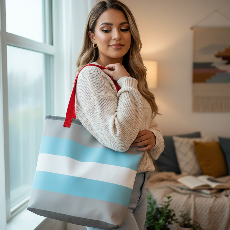 Person modeling a large striped tote with red shoulder straps in a living room