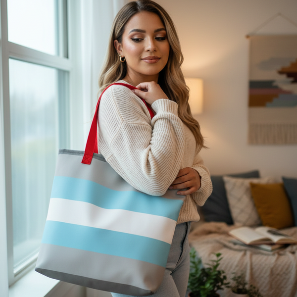 Person modeling a large striped tote with red shoulder straps in a living room