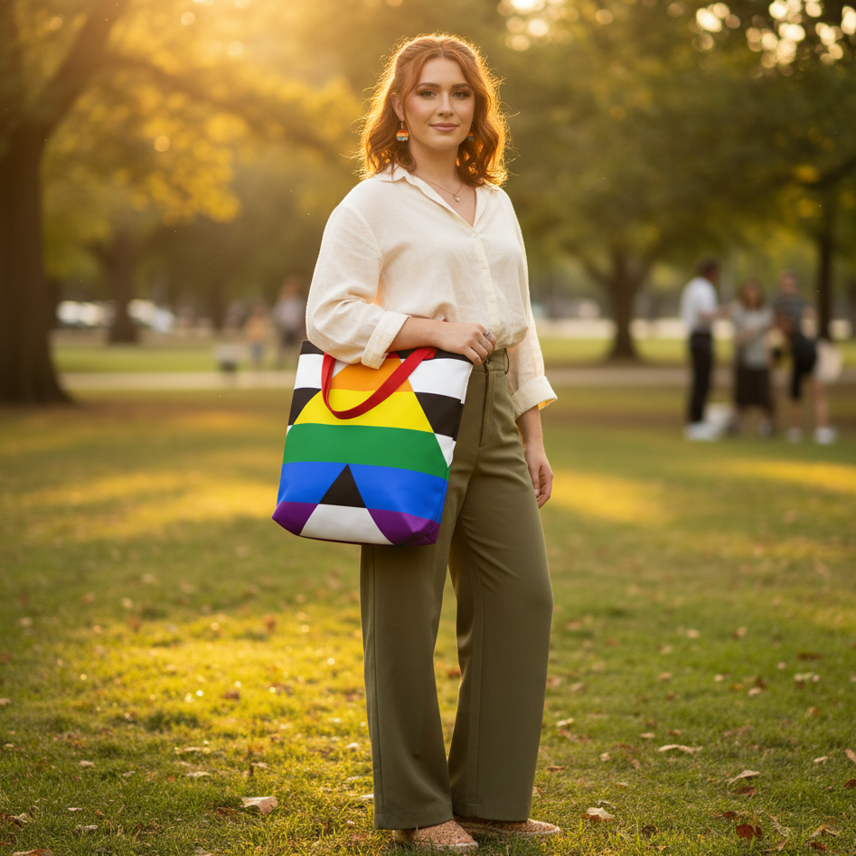 Person standing in a sunlit park with a colorful Progress Pride flag tote bag