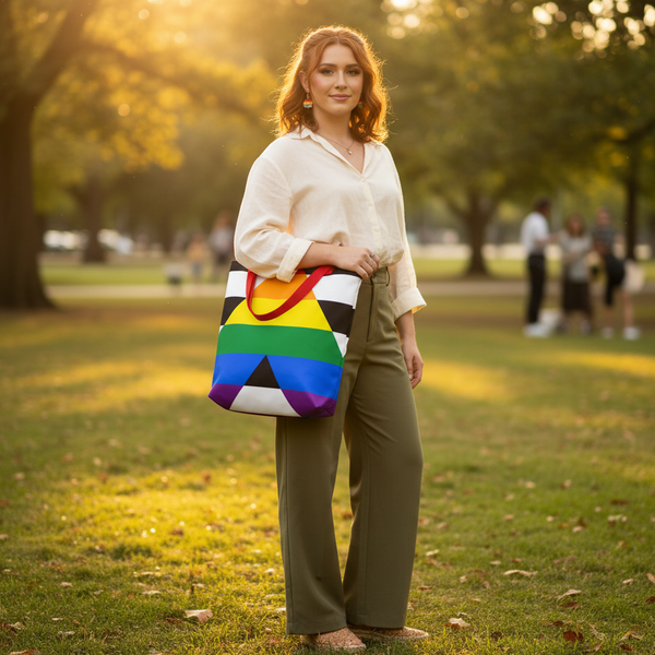 Person standing in a sunlit park with a colorful Progress Pride flag tote bag