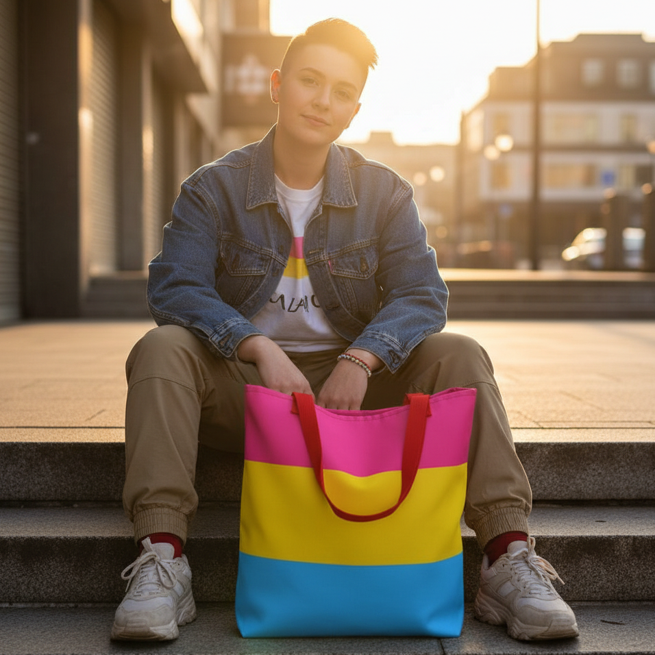 Person seated on steps with a pink, yellow, and blue striped tote bag