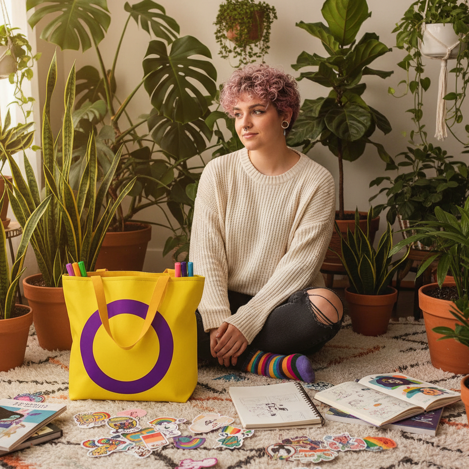 Yellow tote with a purple intersex symbol beside a seated person among houseplants