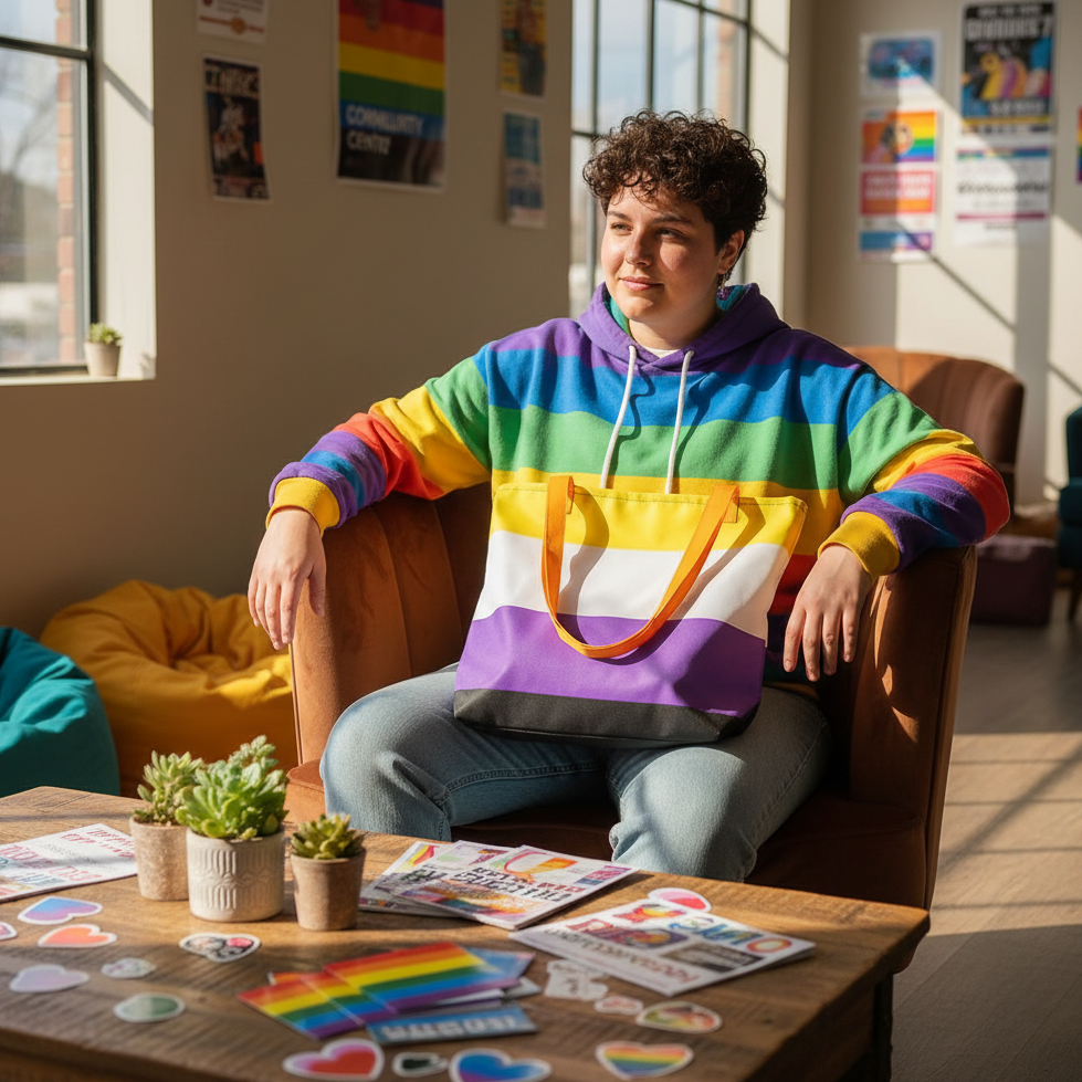 Non-binary flag tote bag with orange handles, held by a seated model