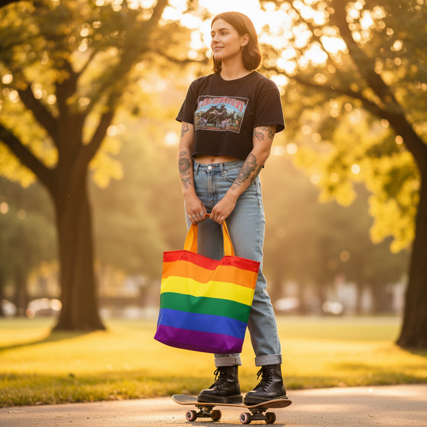 Person standing on a skateboard holds a rainbow-striped Pride tote bag in a sunlit park