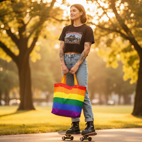Person standing on a skateboard holds a rainbow-striped Pride tote bag in a sunlit park