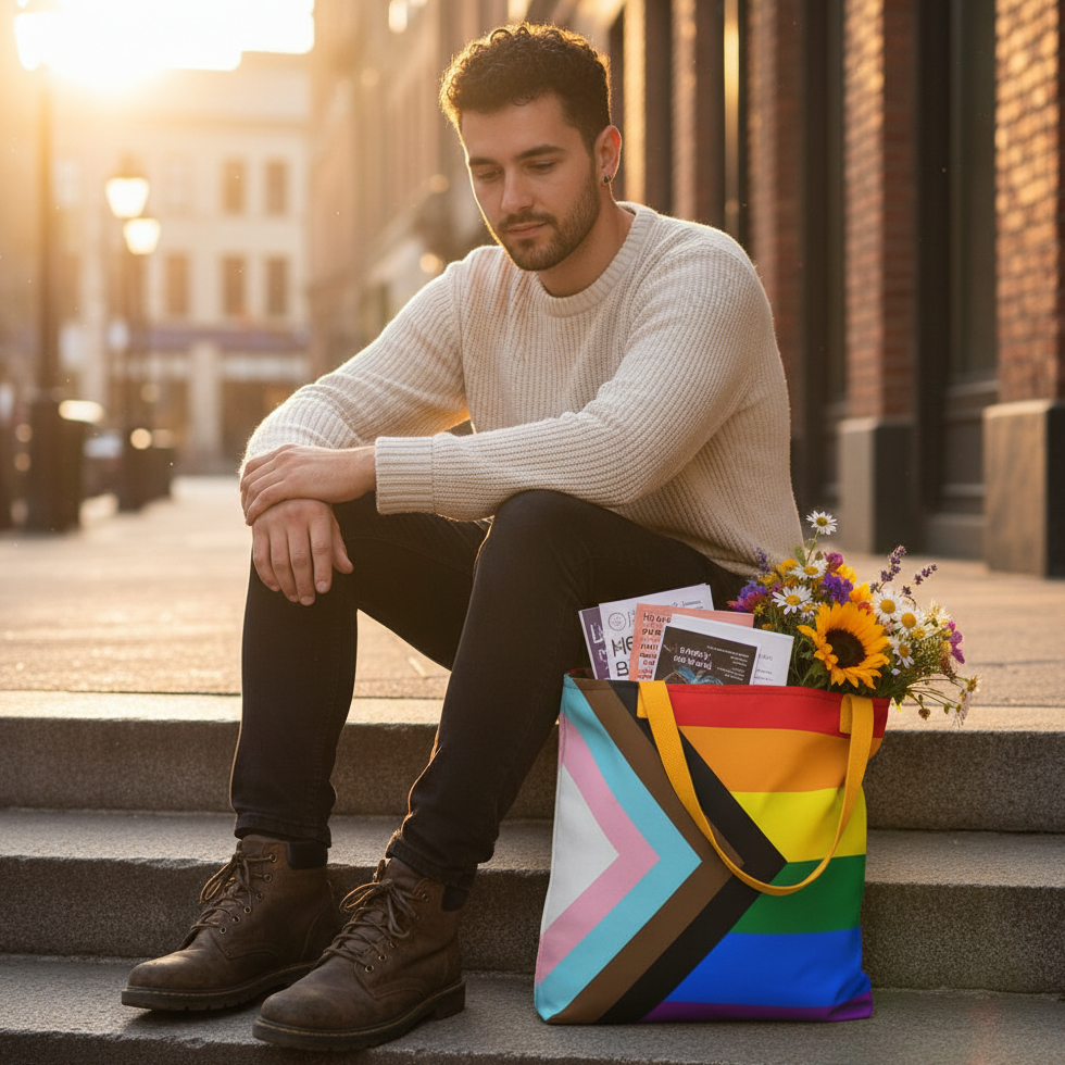 Young man seated on steps with Progress Pride LGBT Extra Large Tote Bag, featuring vibrant pride stripes. Bag holds newspapers and wildflowers, embodying empowerment and self-expression under warm sunlight.