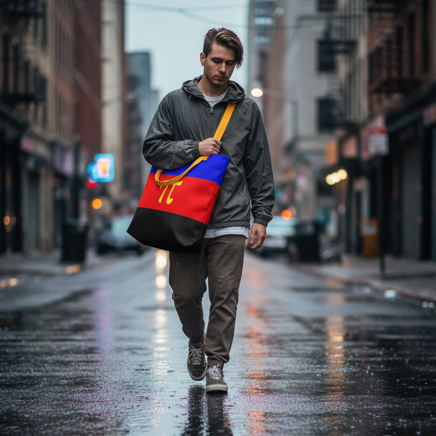 Person carrying a red, blue, and black tote with a yellow π symbol on a wet city street