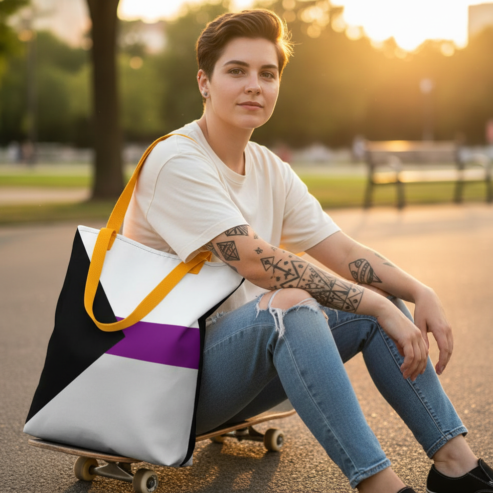 Person sitting on a skateboard beside a geometric black, white, and purple tote with yellow straps