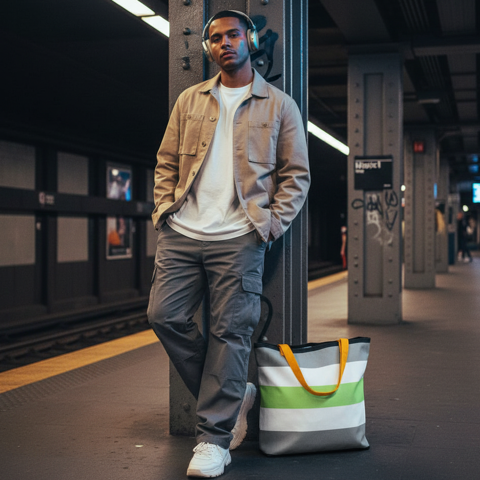 Man on a subway platform with the Agender Pride Extra Large Tote Bag, featuring bold stripes and vibrant colors, embodying queer pride and self-expression. The bag rests beside him, symbolizing empowerment and visibility.