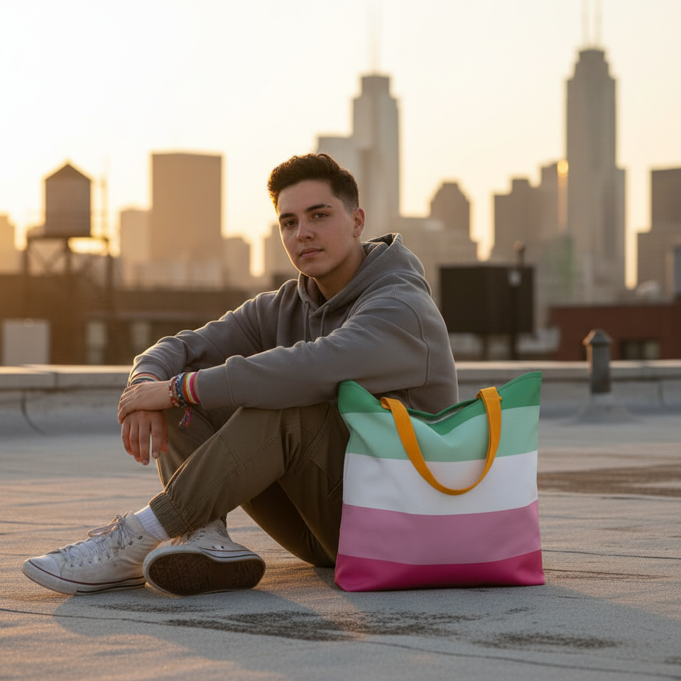 A young person with a city skyline behind them sits beside the Abrosexual Pride Extra Large Tote Bag, featuring vibrant striped colors and yellow handles, embodying empowering, joyful, and inclusive self-expression.