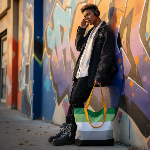 Large green, white, and black striped tote with yellow handles held beside a graffiti wall