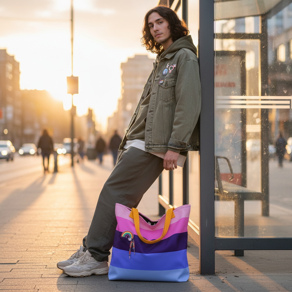 Young person with a smartphone leans casually, showcasing the Omnisexual Pride Extra Large Tote Bag. The vibrant, color-blocked tote exudes bold queer pride, embodying empowerment and self-expression with its rainbow keychain.
